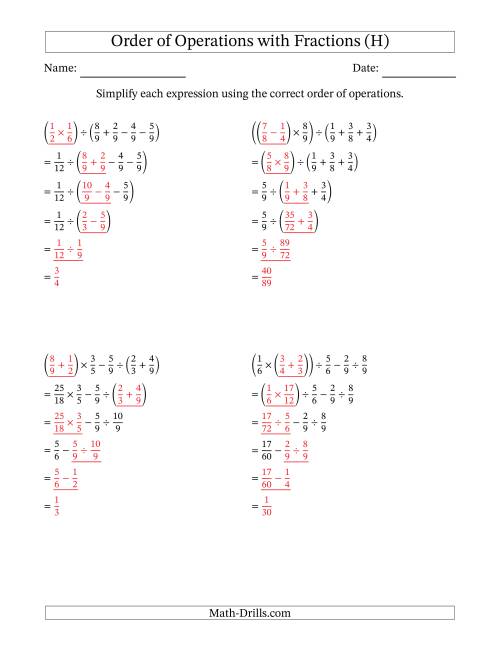 The Order of Operations with Positive Fractions and No Exponents (Five Steps) (H) Math Worksheet Page 2