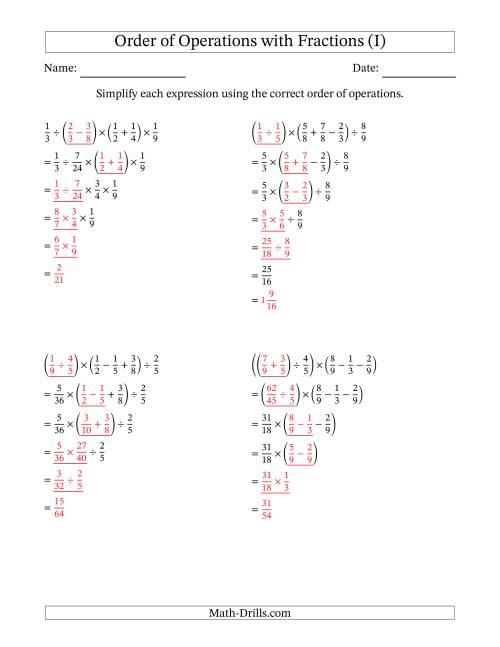 The Order of Operations with Positive Fractions and No Exponents (Five Steps) (I) Math Worksheet Page 2