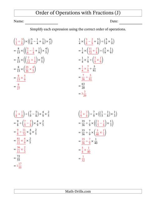 The Order of Operations with Positive Fractions and No Exponents (Five Steps) (J) Math Worksheet Page 2