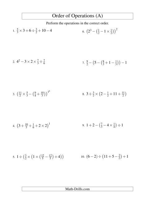 The Fractions Order of Operations -- Five Steps (Old) Math Worksheet