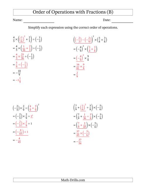 The Order of Operations with Negative and Positive Fractions (Four Steps) (B) Math Worksheet Page 2