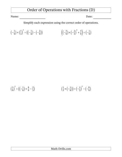 The Order of Operations with Negative and Positive Fractions (Four Steps) (D) Math Worksheet