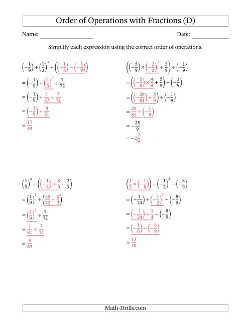The Order of Operations with Negative and Positive Fractions (Four Steps) (D) Math Worksheet Page 2