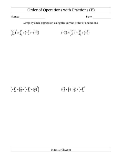 The Order of Operations with Negative and Positive Fractions (Four Steps) (E) Math Worksheet