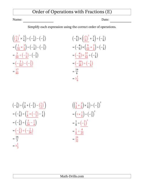The Order of Operations with Negative and Positive Fractions (Four Steps) (E) Math Worksheet Page 2