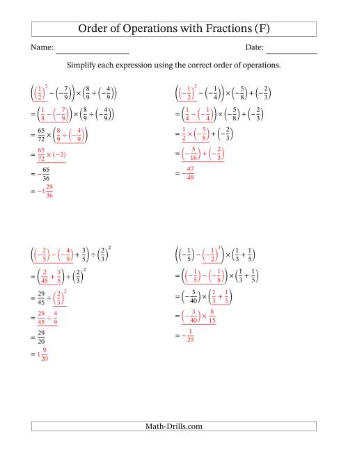 The Order of Operations with Negative and Positive Fractions (Four Steps) (F) Math Worksheet Page 2