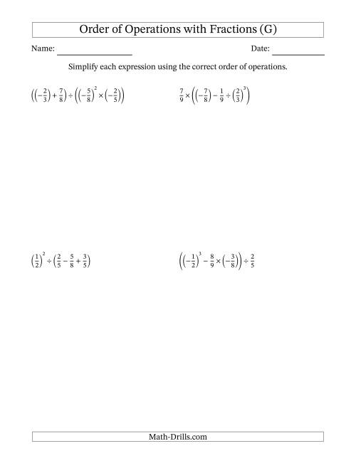 The Order of Operations with Negative and Positive Fractions (Four Steps) (G) Math Worksheet