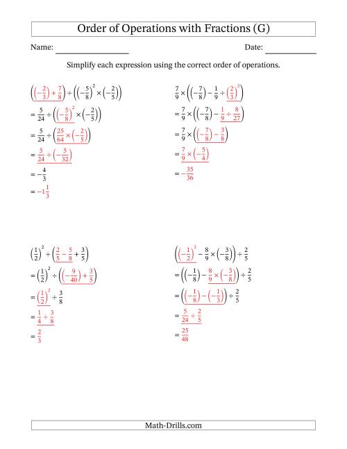 The Order of Operations with Negative and Positive Fractions (Four Steps) (G) Math Worksheet Page 2