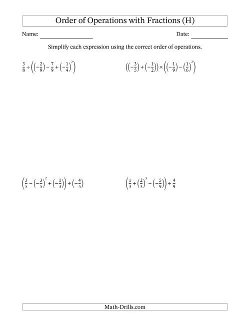 The Order of Operations with Negative and Positive Fractions (Four Steps) (H) Math Worksheet