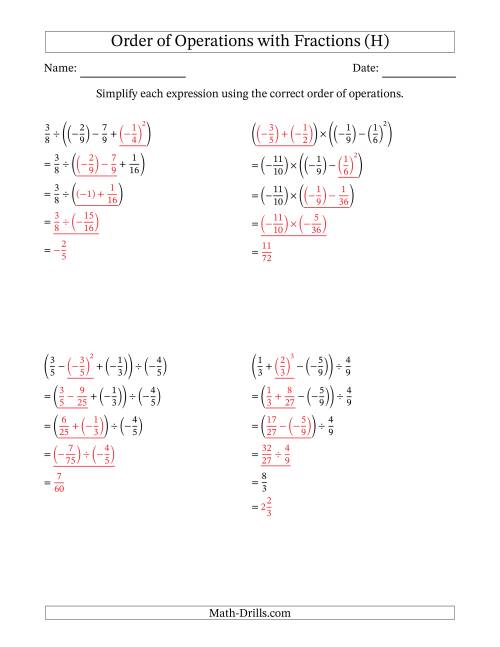 The Order of Operations with Negative and Positive Fractions (Four Steps) (H) Math Worksheet Page 2