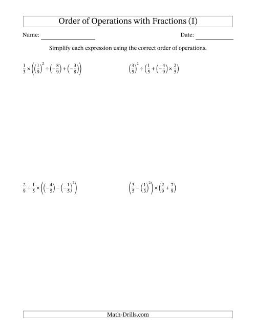 The Order of Operations with Negative and Positive Fractions (Four Steps) (I) Math Worksheet