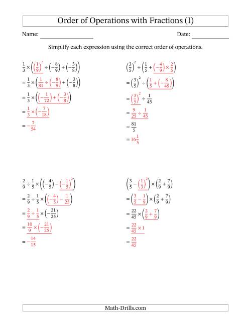 The Order of Operations with Negative and Positive Fractions (Four Steps) (I) Math Worksheet Page 2