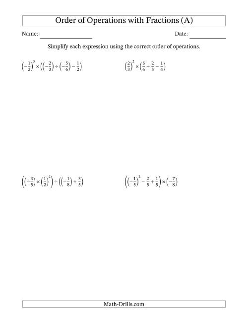 The Order of Operations with Negative and Positive Fractions (Four Steps) (All) Math Worksheet