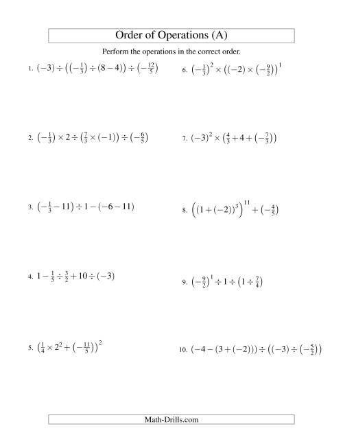 The Fractions Order of Operations -- Four Steps Including Negative Fractions (Old) Math Worksheet