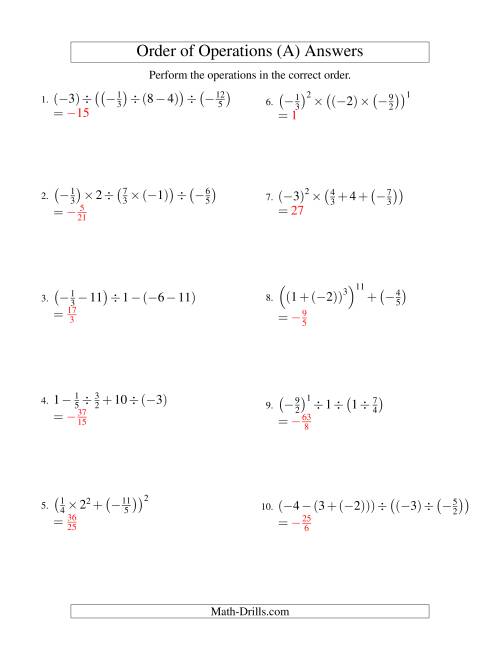 The Fractions Order of Operations -- Four Steps Including Negative Fractions (Old) Math Worksheet Page 2
