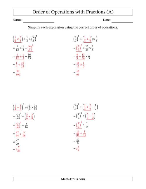 The Order of Operations with Positive Fractions (Four Steps) (A) Math Worksheet Page 2