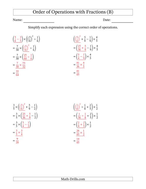 The Order of Operations with Positive Fractions (Four Steps) (B) Math Worksheet Page 2