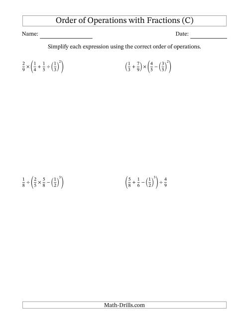 The Order of Operations with Positive Fractions (Four Steps) (C) Math Worksheet