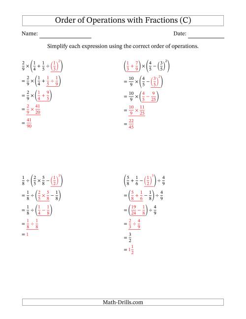 The Order of Operations with Positive Fractions (Four Steps) (C) Math Worksheet Page 2