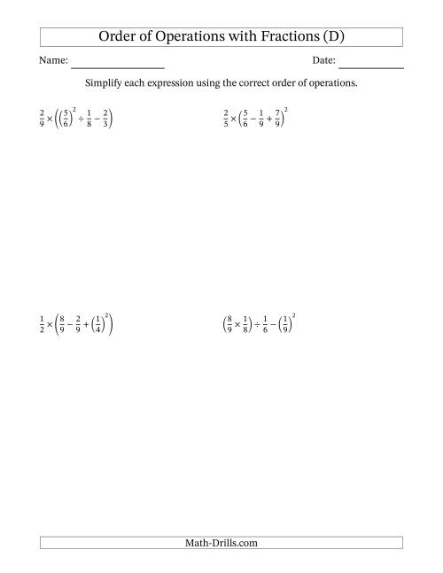 The Order of Operations with Positive Fractions (Four Steps) (D) Math Worksheet