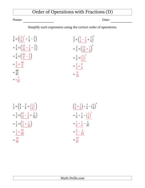 The Order of Operations with Positive Fractions (Four Steps) (D) Math Worksheet Page 2