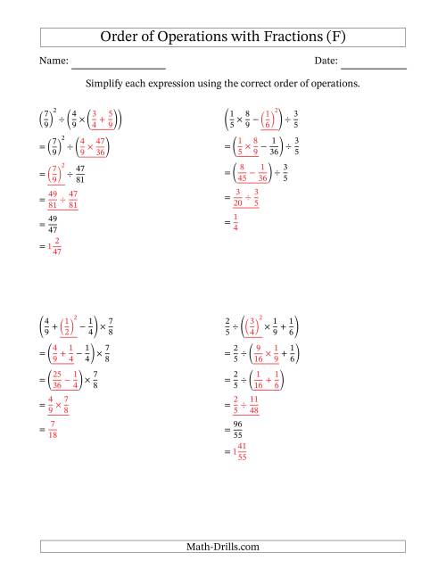 The Order of Operations with Positive Fractions (Four Steps) (F) Math Worksheet Page 2