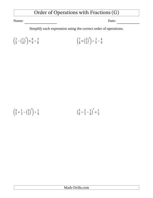 The Order of Operations with Positive Fractions (Four Steps) (G) Math Worksheet
