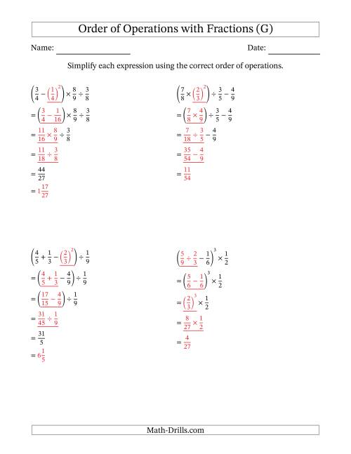 The Order of Operations with Positive Fractions (Four Steps) (G) Math Worksheet Page 2