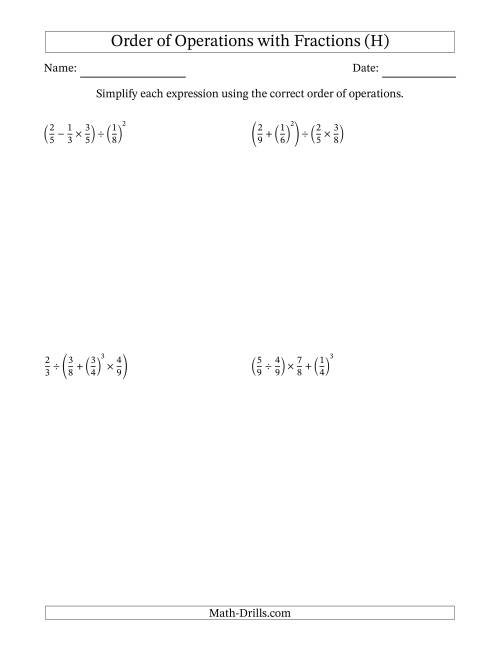 The Order of Operations with Positive Fractions (Four Steps) (H) Math Worksheet