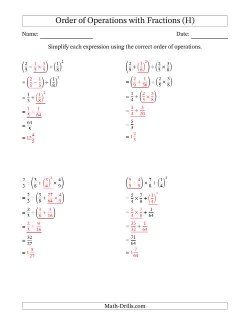 The Order of Operations with Positive Fractions (Four Steps) (H) Math Worksheet Page 2