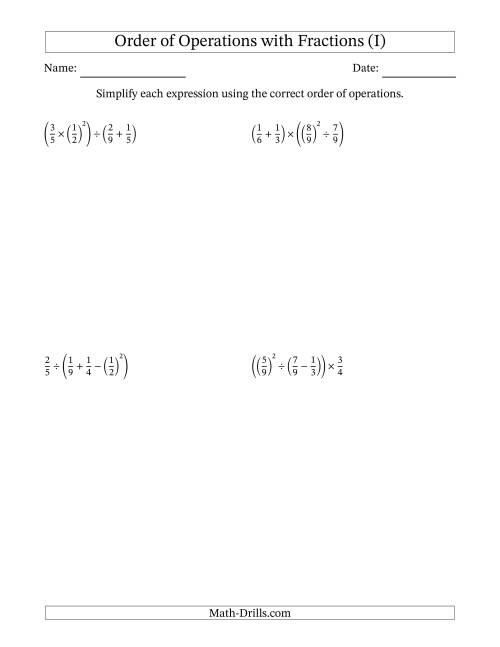 The Order of Operations with Positive Fractions (Four Steps) (I) Math Worksheet