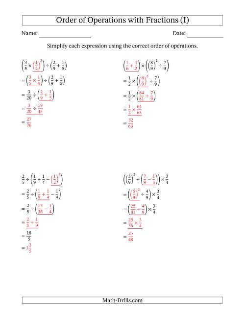 The Order of Operations with Positive Fractions (Four Steps) (I) Math Worksheet Page 2