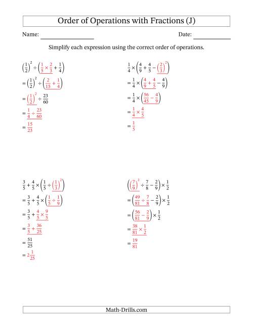 The Order of Operations with Positive Fractions (Four Steps) (J) Math Worksheet Page 2