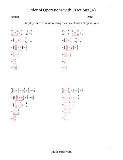 The Order of Operations with Positive Fractions and No Exponents (Four Steps) (A) Math Worksheet Page 2