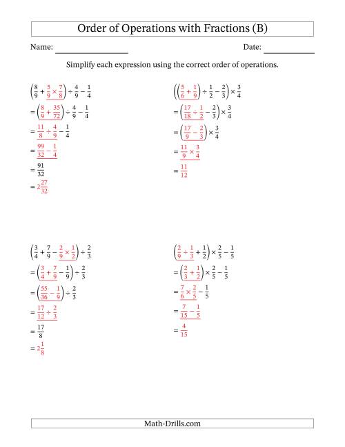 The Order of Operations with Positive Fractions and No Exponents (Four Steps) (B) Math Worksheet Page 2
