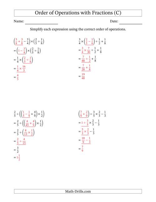 The Order of Operations with Positive Fractions and No Exponents (Four Steps) (C) Math Worksheet Page 2