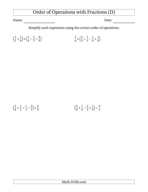 The Order of Operations with Positive Fractions and No Exponents (Four Steps) (D) Math Worksheet
