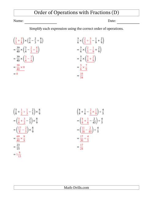 The Order of Operations with Positive Fractions and No Exponents (Four Steps) (D) Math Worksheet Page 2