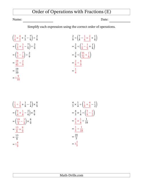 The Order of Operations with Positive Fractions and No Exponents (Four Steps) (E) Math Worksheet Page 2