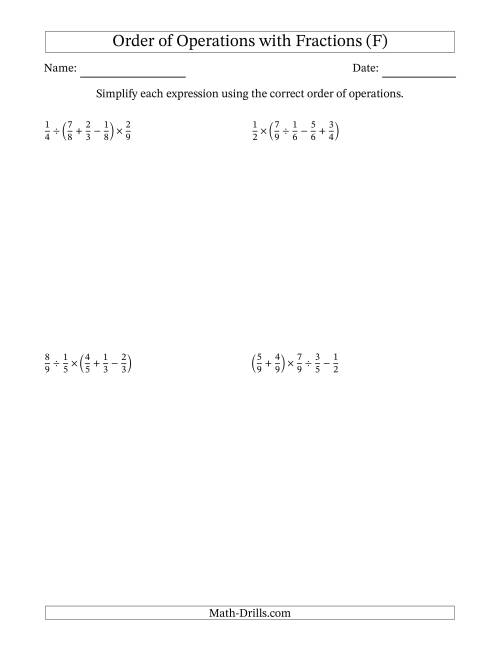 The Order of Operations with Positive Fractions and No Exponents (Four Steps) (F) Math Worksheet