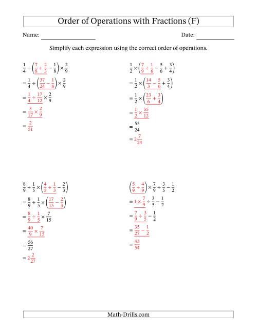 The Order of Operations with Positive Fractions and No Exponents (Four Steps) (F) Math Worksheet Page 2