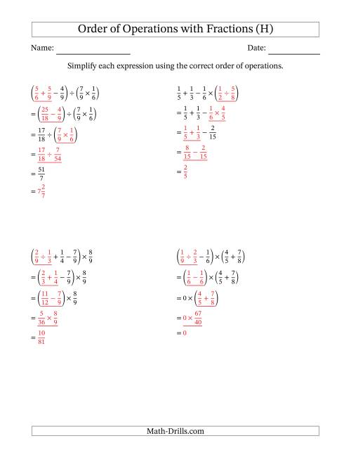 The Order of Operations with Positive Fractions and No Exponents (Four Steps) (H) Math Worksheet Page 2