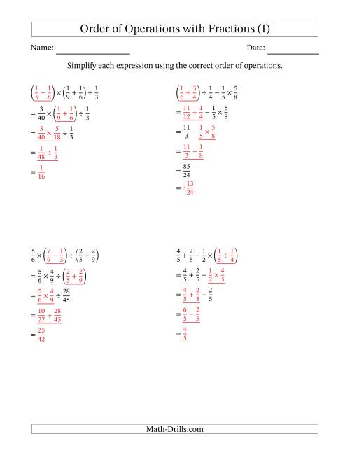 The Order of Operations with Positive Fractions and No Exponents (Four Steps) (I) Math Worksheet Page 2