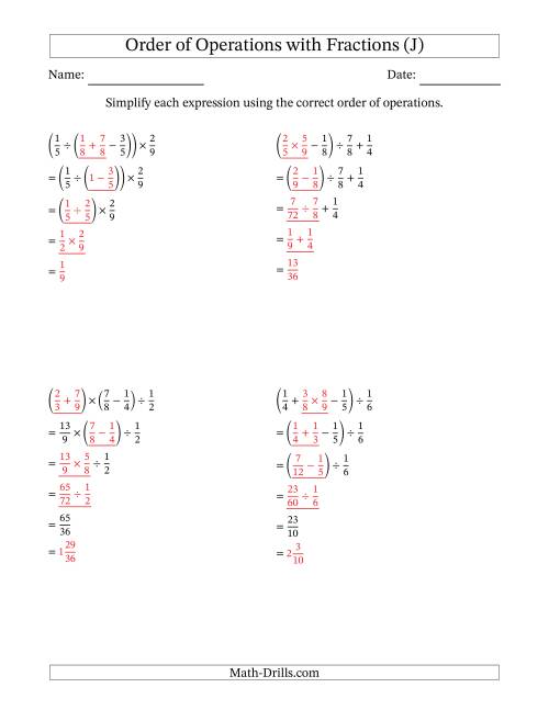 The Order of Operations with Positive Fractions and No Exponents (Four Steps) (J) Math Worksheet Page 2