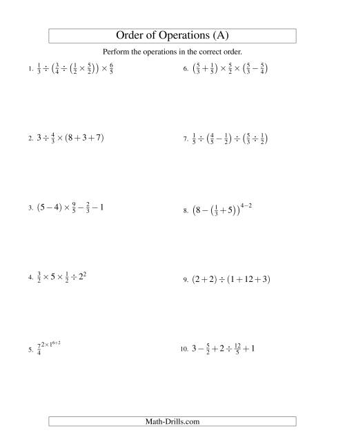 The Fractions Order of Operations -- Four Steps (Old) Math Worksheet