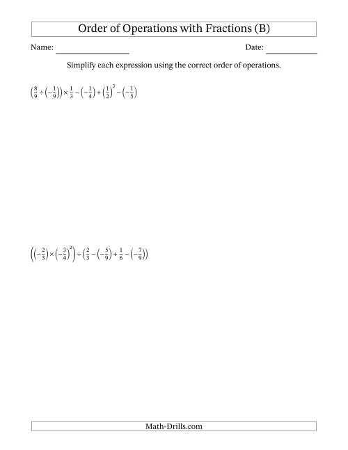 The Order of Operations with Negative and Positive Fractions (Six Steps) (B) Math Worksheet