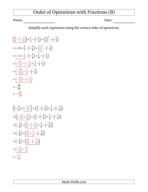 The Order of Operations with Negative and Positive Fractions (Six Steps) (B) Math Worksheet Page 2