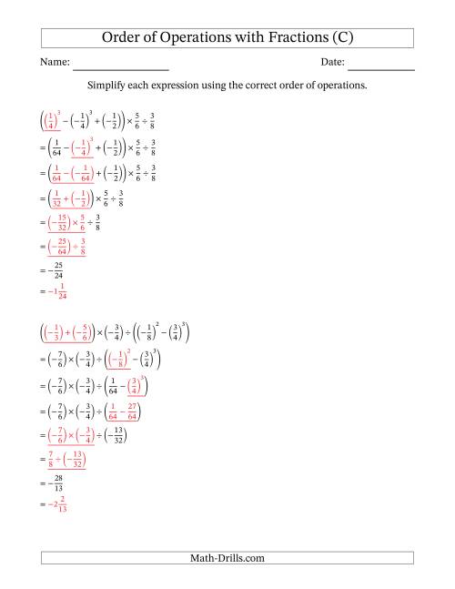 The Order of Operations with Negative and Positive Fractions (Six Steps) (C) Math Worksheet Page 2