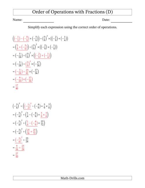 The Order of Operations with Negative and Positive Fractions (Six Steps) (D) Math Worksheet Page 2