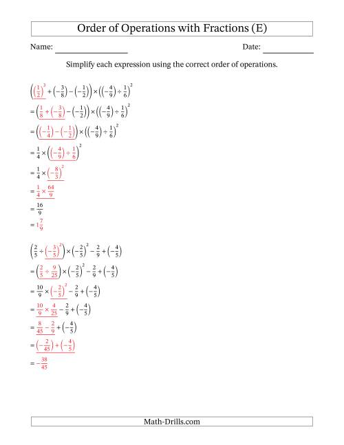 The Order of Operations with Negative and Positive Fractions (Six Steps) (E) Math Worksheet Page 2